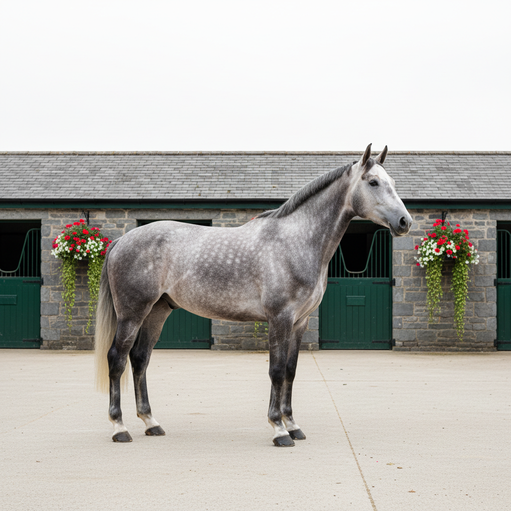 A well-structured conformation shot of a tall, athletic grey Irish sport horse standing on a clean, level yard surface, aligned perfectly side-on to the camera. The horse’s coat is lightly fleabitten with a clean, pulled mane and neatly trimmed tail, legs straight and evenly spaced to clearly display correct build and balance. Behind, a tidy stone stable block with dark green doors and hanging flower baskets adds subtle Irish character without distraction. Soft, even natural daylight from an overcast sky ensures no harsh shadows, providing clinical clarity of the horse’s outline. Photographic realism, framed in a landscape orientation with generous negative space around the horse, sharp focus throughout, conveying an objective, professional, catalog-like presentation suitable for serious buyers.