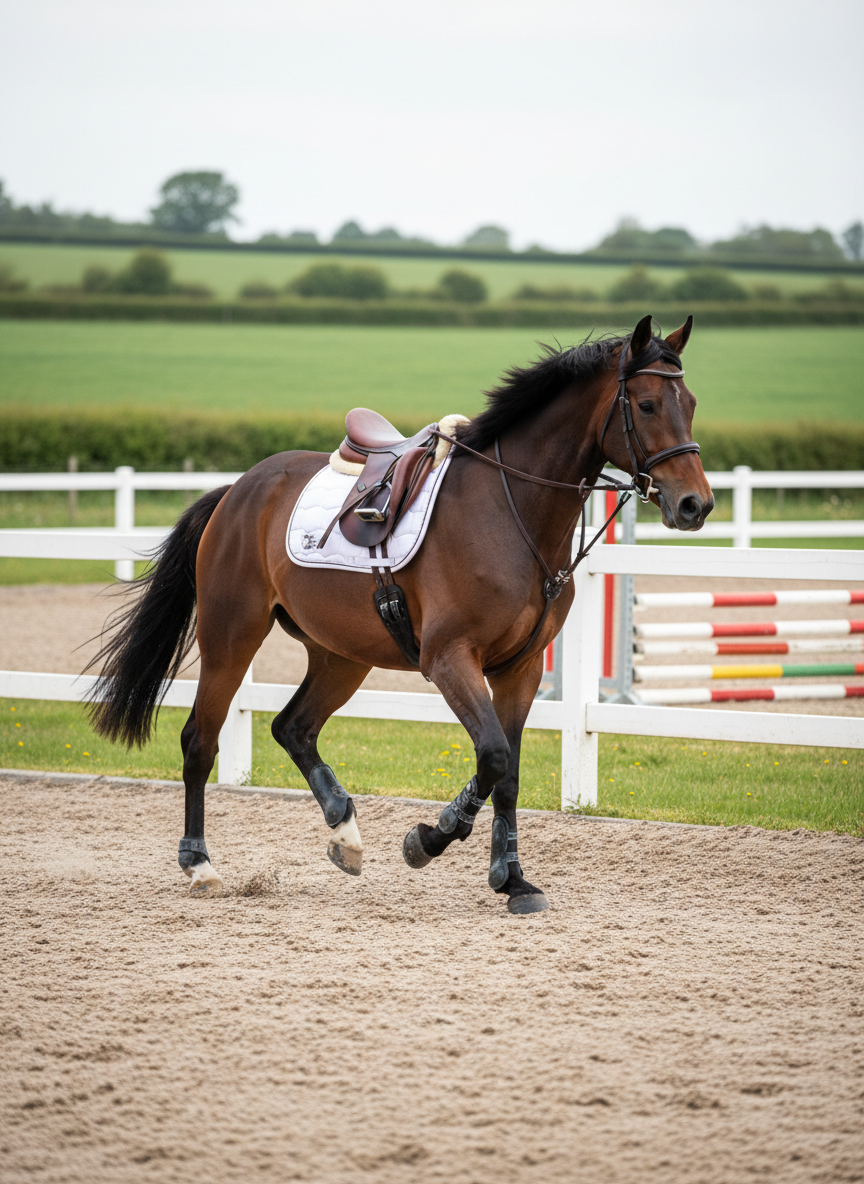 A bay Irish sport horse mid-canter in a well-kept outdoor sand arena, its powerful hindquarters engaged and tail lifted, showing clear suspension and athletic movement. The horse wears a clean jumping saddle and white saddle pad, with neatly trimmed legs and polished hooves. Low white arena fencing surrounds the space, beyond which are orderly green fields and neatly stacked show jumps. The scene is lit by bright but diffused overcast daylight, creating even, shadow-free illumination that highlights muscular definition and coat condition. Photographic realism with a slightly elevated, three-quarter angle capturing the forward momentum, moderate depth of field to keep horse and arena crisp while softening distant background, projecting an energetic yet professional sales-focused mood.