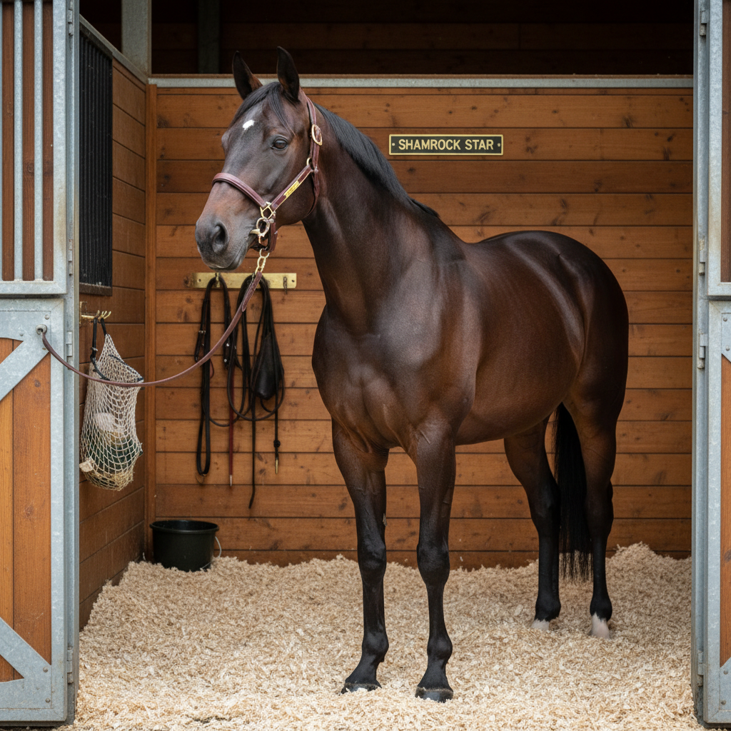 An elegant Irish sport horse standing quietly in a spacious, immaculate stable, its dark liver chestnut coat contrasting with fresh white shavings underfoot. The horse faces slightly toward the open top door, where soft natural daylight spills in, catching the subtle sheen of its coat and the smooth curves of a well-fitted leather headcollar. The stable walls are a clean, warm timber with neatly arranged nameplate and bridle hooks in the background, suggesting careful management and organization. Photographic realism from an eye-level perspective just outside the door, using moderate depth of field to keep the horse and immediate stable interior sharp while softening details beyond. The lighting and composition create a serene, trustworthy, professionally managed atmosphere ideal for a premium Irish sport horse sales environment.