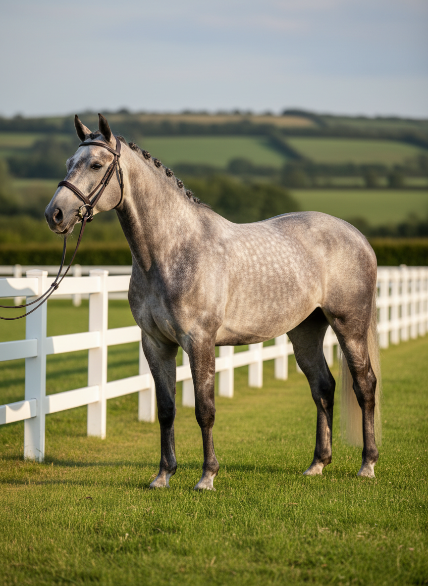 A powerful dapple grey Irish sport horse standing square in a lush emerald-green paddock, its coat gleaming with a subtle metallic sheen and neatly braided mane. The horse wears a pristine leather bridle with polished silver fittings, positioned side-on near a white post-and-rail fence that leads the eye into rolling Irish countryside. Soft late-afternoon natural light creates gentle highlights along the arch of its neck and muscles, with long shadows stretching across the short, manicured grass. Photographic realism at eye-level, crisp focus on the horse with a slightly blurred background, conveying professionalism, health, and athletic potential in a calm, confident atmosphere suitable for a premium sales website.