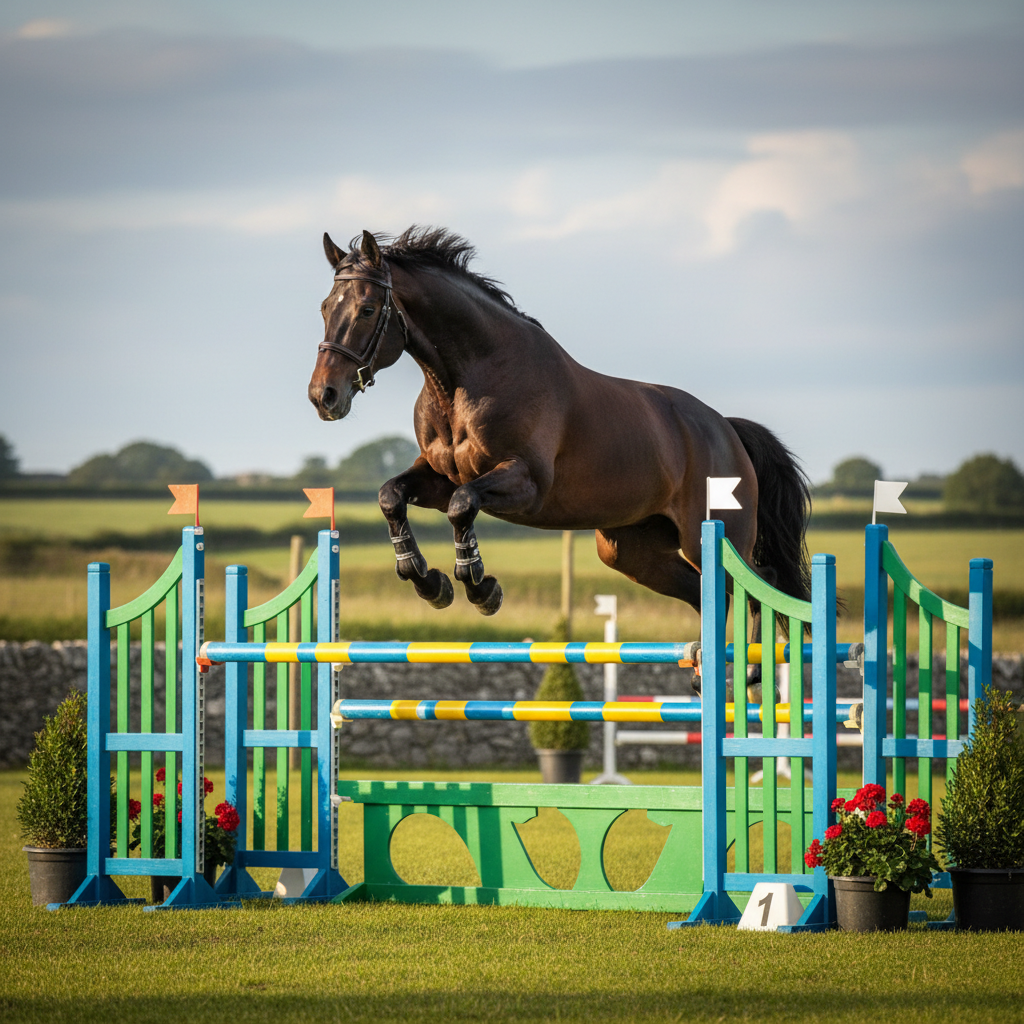 A dynamic scene of an Irish sport horse clearing a brightly colored show-jumping oxer in a competition arena, captured at the peak of the jump with forelegs neatly tucked and powerful muscles visible through its shiny dark bay coat. The horse’s plaited mane and white jumping boots emphasize precision and care. In the background, slightly blurred, are additional fences, potted shrubs, and distant green fields framed by low stone walls, suggesting an Irish venue. Late-afternoon golden hour sunlight washes the scene in warm tones, casting a subtle rim light along the horse’s topline. Photographic realism from a low, three-quarter front angle that emphasizes scope and athleticism, with crisp focus on the horse and fence, creating an aspirational, performance-driven yet professional atmosphere for marketing top-level sales horses.