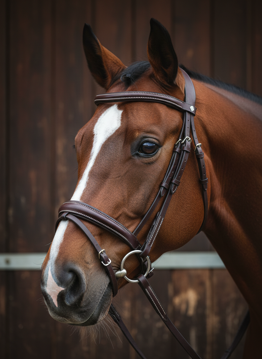 A close-up, photographic-realistic detail of an Irish sport horse’s refined head, chestnut coat rich and glossy, with a distinctive white blaze and alert, intelligent eye. The horse wears a premium dark brown leather bridle with immaculate stitching and softly padded noseband, standing in front of a dark wooden stable door that provides a warm, textured backdrop. Soft window light from the side creates delicate highlights on the horse’s eye and the contours of its cheek, with gentle shadows adding depth to the leather and coat texture. Shot in a vertical portrait orientation at eye level, with shallow depth of field that blurs the stable background, the mood is calm, trustworthy, and professional, ideal for showcasing quality and breeding on a sales site.